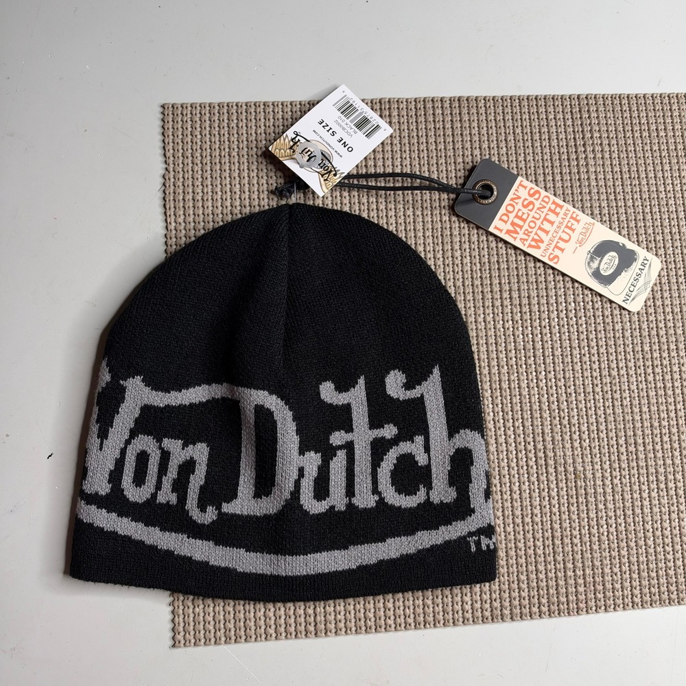 Von Dutch Black Grey Logo Knit Beanie Hat VDCB0002 One Size NWT